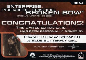 2002 Rittenhouse Star Trek Enterprise Season 1 - Premiere Episode Autographs #BBA4 Diane Klimaszewski Back