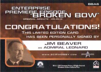2002 Rittenhouse Star Trek Enterprise Season 1 - Autographs: Premiere Episode #BBA6 Jim Beaver Back