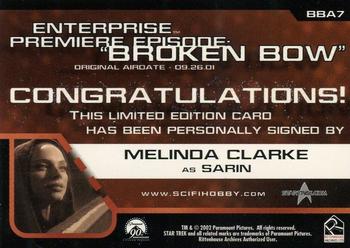 2002 Rittenhouse Star Trek Enterprise Season 1 - Premiere Episode Autographs #BBA7 Melinda Clarke Back