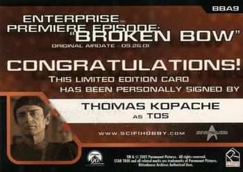 2002 Rittenhouse Star Trek Enterprise Season 1 - Premiere Episode Autographs #BBA9 Thomas Kopache Back
