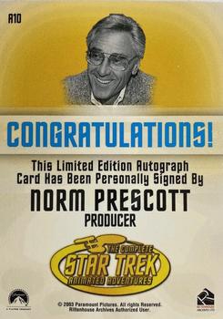 2003 Rittenhouse Star Trek: The Complete Star Trek: Animated Adventures  - Autographs #A9 Norm Prescott Back
