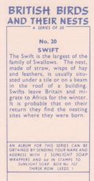 1961 Sunlight Soap British Birds and Their Nests #20 Swift Back