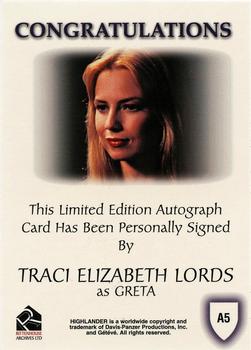 2003 Rittenhouse The Complete Highlander (TV) - Autographs #A5 Traci Elizabeth Lords Back