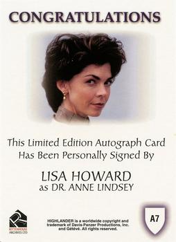 2003 Rittenhouse The Complete Highlander (TV) - Autographs #A7 Lisa Howard Back