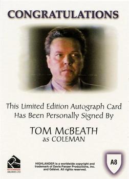 2003 Rittenhouse The Complete Highlander (TV) - Autographs #A8 Tom McBeath Back