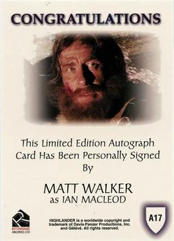 2003 Rittenhouse The Complete Highlander (TV) - Autographs #A17 Matt Walker Back