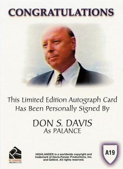 2003 Rittenhouse The Complete Highlander (TV) - Autographs #A19 Don S. Davis Back