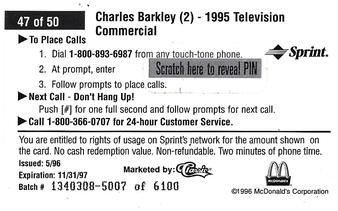 1996 Classic McDonald's - $2 Phone Cards #47 Charles Barkley (2) - 1995 Television Commercial Back