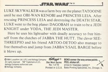 1984 Kellogg's Star Wars #1 Luke Skywalker Back