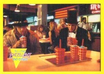 1991 Merlin Bill & Ted's Totally Excellent Collector Cards #42 Billy the Kid & Abraham Lincoln chow down at the San Dimas Mall Front