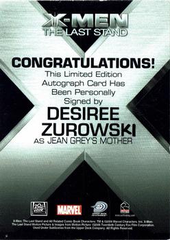 2006 Rittenhouse XIII: X-Men The Last Stand - Autographs #NNO Desiree Zurowski / Jean Grey's Mother (Elaine Grey) Back