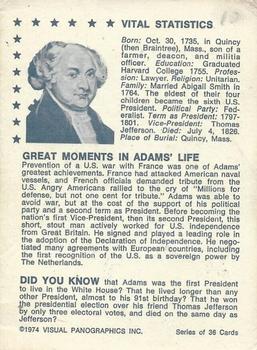 1974 Visual Panographics US Presidents #2nd John Adams Back