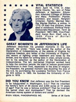 1974 Visual Panographics US Presidents #3rd Thomas Jefferson Back