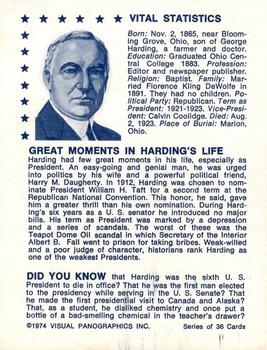 1974 Visual Panographics US Presidents #29th Warren G. Harding Back