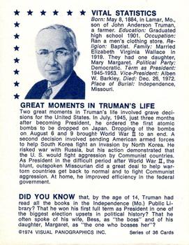 1974 Visual Panographics US Presidents #33rd Harry S. Truman Back
