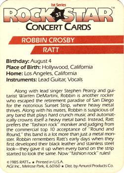 1985 AGI Rock Star #37 Robbin Crosby / Ratt Back