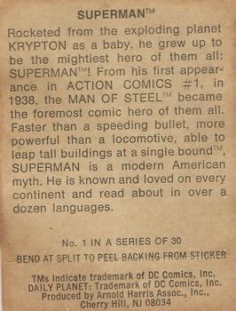 1978 Taystee Bread DC Superheroes Stickers #1 Superman Back