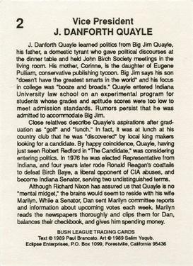 1989 Eclipse Bush League #2 J. Danforth Quayle Back
