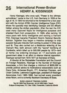 1989 Eclipse Bush League #26 Henry Kissinger Back