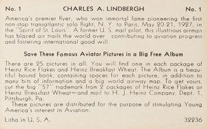1936 Heinz Famous Aviators 1st Series (F277-4) #1 Charles A. Lindbergh Back