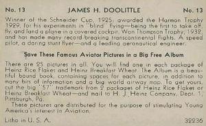1936 Heinz Famous Aviators 1st Series (F277-4) #13 Jimmie Doolittle Back