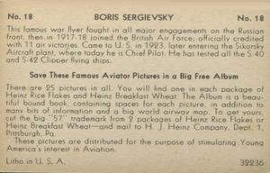 1936 Heinz Famous Aviators 1st Series (F277-4) #18 Boris Sergievsky Back