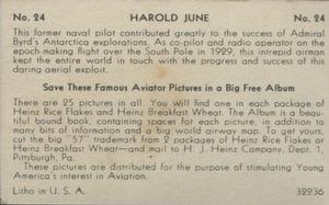 1936 Heinz Famous Aviators 1st Series (F277-4) #24 Harold June Back