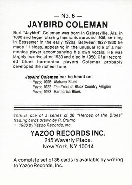 1980 Yazoo Records Heroes of the Blues #6 Jaybird Coleman Back