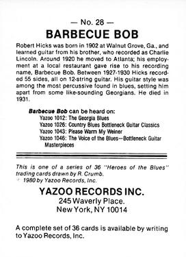 1980 Yazoo Records Heroes of the Blues #28 Barbecue Bob Back