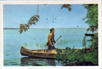 1957 Parkhurst Adventures of Radisson (V339-1) #29 Radisson in his birchbark canoe scouts ahead Front