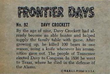 1953 Bowman Frontier Days (R701-5) #92 Davy Crockett Back