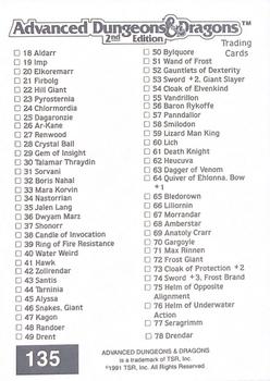 1991 TSR Advanced Dungeons & Dragons #135 Checklist (Cards 18 - 78) Back