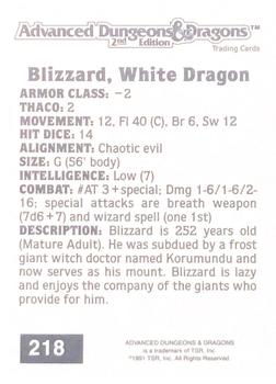 1991 TSR Advanced Dungeons & Dragons #218 Blizzard, White Dragon Back