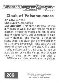 1991 TSR Advanced Dungeons & Dragons #286 Cloak of Poisonousness Back