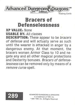 1991 TSR Advanced Dungeons & Dragons #289 Bracers of Defenselessness Back