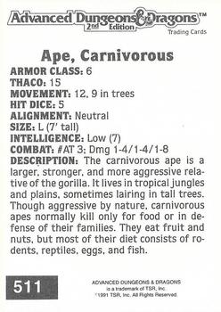 1991 TSR Advanced Dungeons & Dragons #511 Ape, Carnivorous Back