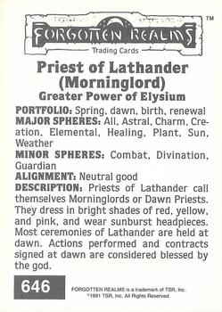 1991 TSR Advanced Dungeons & Dragons #646 Priest of Lathander (Morninglord) Back