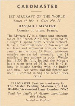 1958 Cardmaster Jet Aircraft of the World #13 Dassault Mystere Back