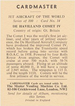 1958 Cardmaster Jet Aircraft of the World #14 De Havilland Comet IV Back