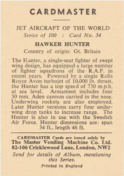 1958 Cardmaster Jet Aircraft of the World #34 Hawker Hunter Back