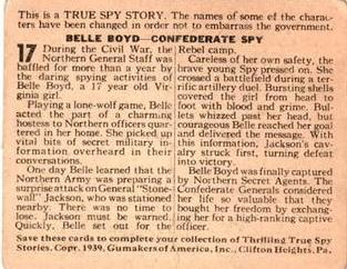 1939 True Spy Stories (R156) #17 Belle Boyd - Confederate Spy Back