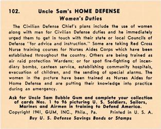 1941 Gum Inc. Uncle Sam's Home Defense (R158) #102 Women's Duties Back
