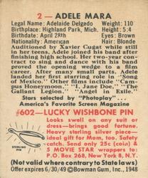 1948 Bowman Movie Stars (R701-9) #2 Adele Mara Back