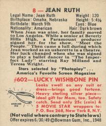 1948 Bowman Movie Stars (R701-9) #8 Jean Ruth Back