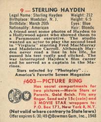 1948 Bowman Movie Stars (R701-9) #9 Sterling Hayden Back