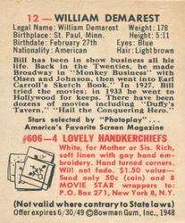 1948 Bowman Movie Stars (R701-9) #12 William Demarest Back