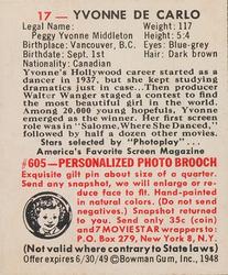 1948 Bowman Movie Stars (R701-9) #17 Yvonne De Carlo Back