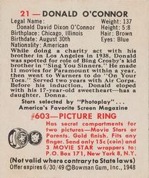 1948 Bowman Movie Stars (R701-9) #21 Donald O'Connor Back