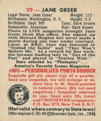 1948 Bowman Movie Stars (R701-9) #29 Jane Greer Back