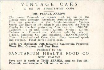 1963 Sanitarium New Zealand Vintage Cars #NNO 1916 Pierce-Arrow Back